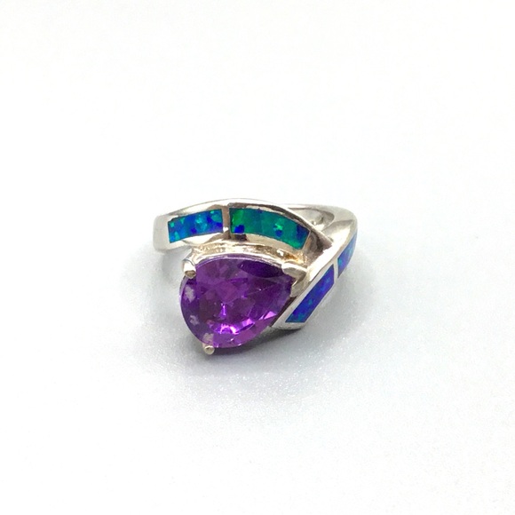 Tanzanite & Inlaid Opals Sterling Ring Sz 6 - Picture 2 of 4